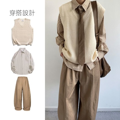 【單件/套裝】日系復古V領針織背心坎肩+條紋襯衫+百搭休閒褲三件套