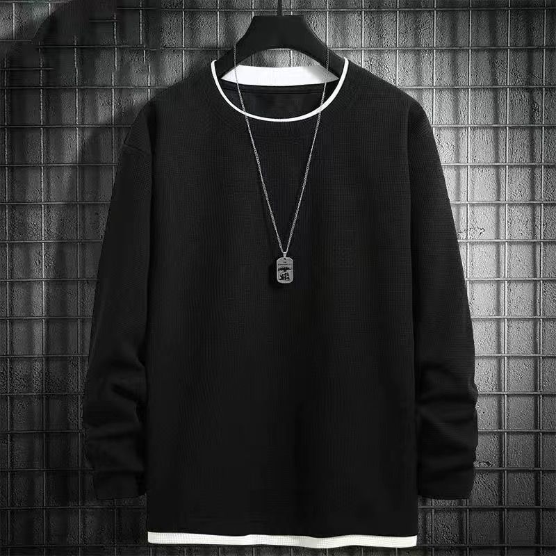 華夫格長袖假兩件內搭撞色衛衣