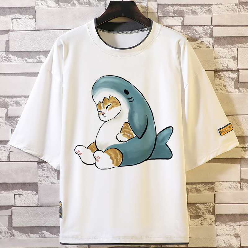 呆萌貓日系印花撞色拼接短袖T恤