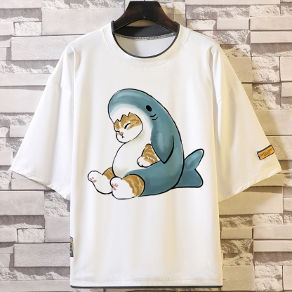 呆萌貓日系印花撞色拼接短袖T恤
