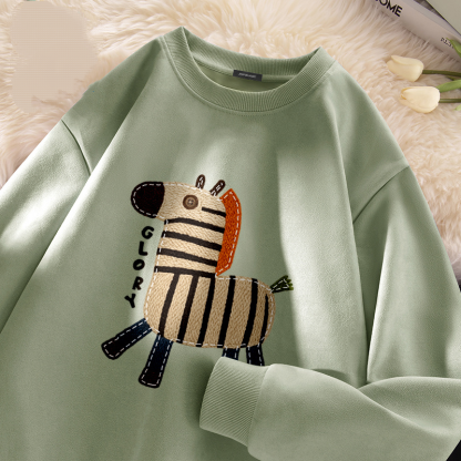 麂皮圓領寬鬆小馬百搭套頭長袖T恤