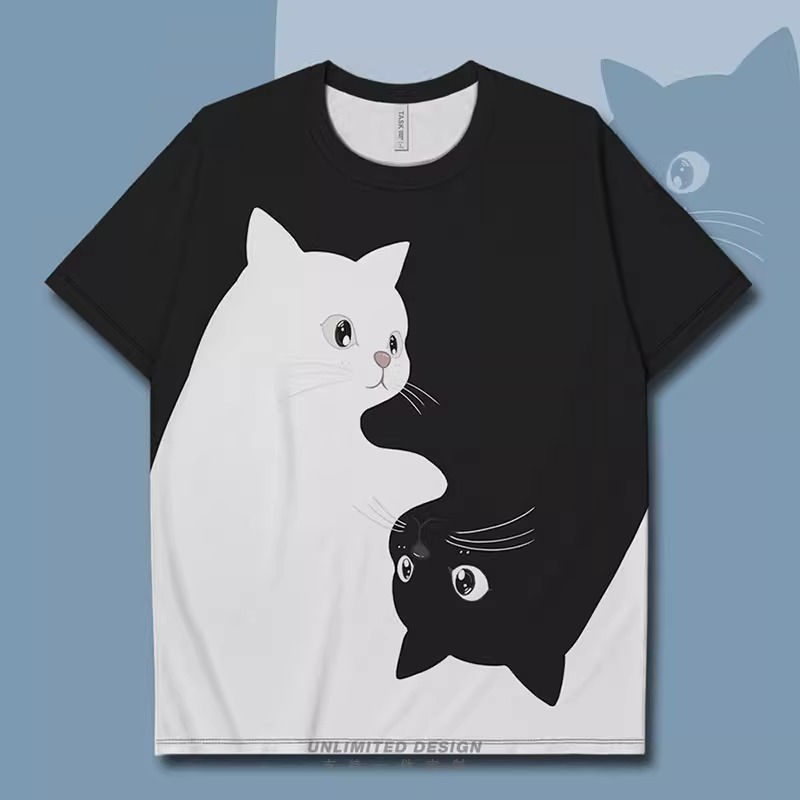 小貓咪黑白撞色簡約兩極設計潮流短袖T恤