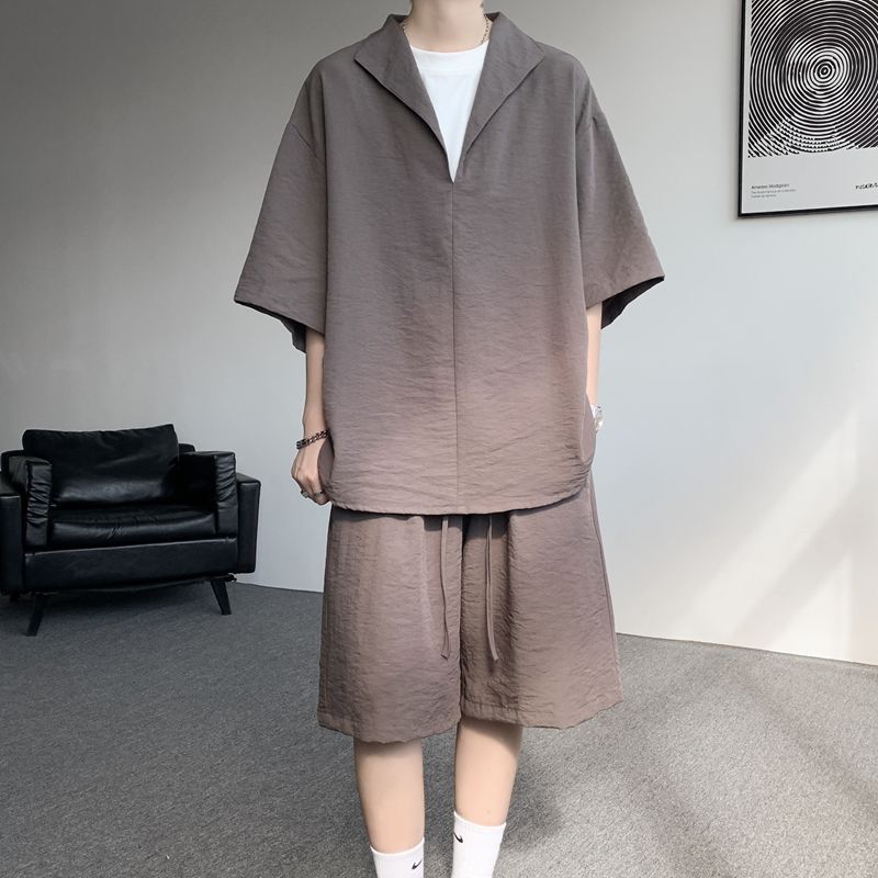 【整套】亞麻假兩件薄款透氣老錢風短袖T恤短褲套裝