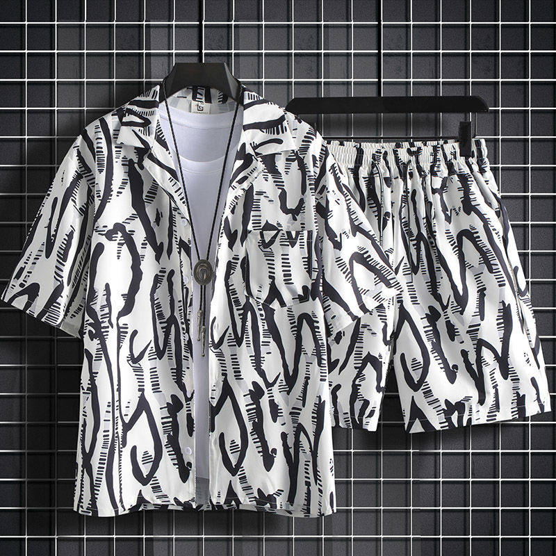 冰絲短褲一整套男夏季薄款寬鬆短袖碎花襯衫夏威夷情侶沙灘服套裝