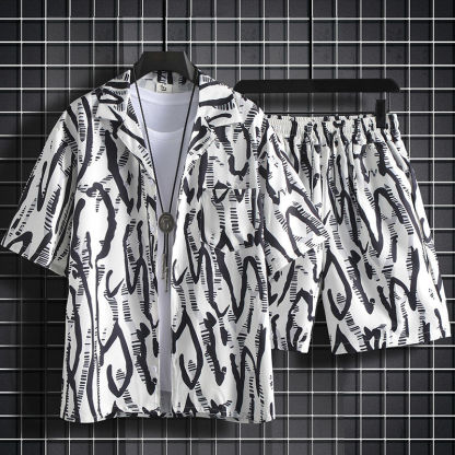 冰絲短褲一整套男夏季薄款寬鬆短袖碎花襯衫夏威夷情侶沙灘服套裝