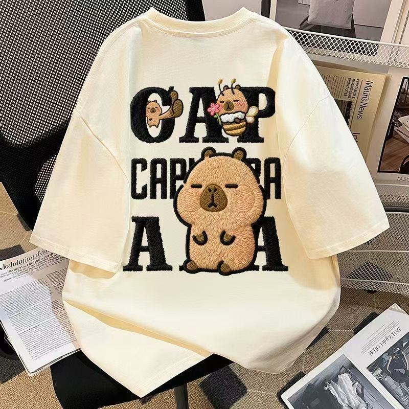 仿刺繡可愛小黃豚印花純棉短袖t恤