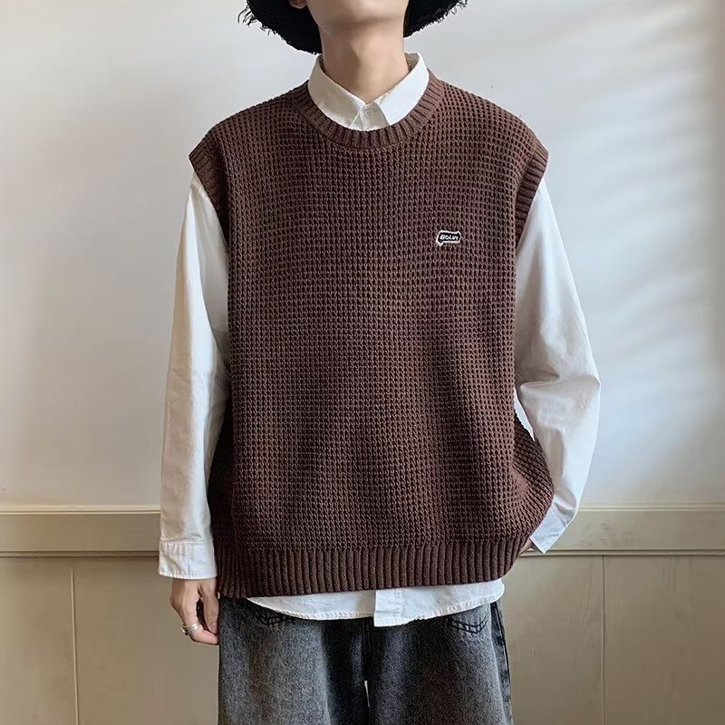 【單件/整套】日系復古針織馬甲+條紋襯衫+寬鬆牛仔褲三件套裝