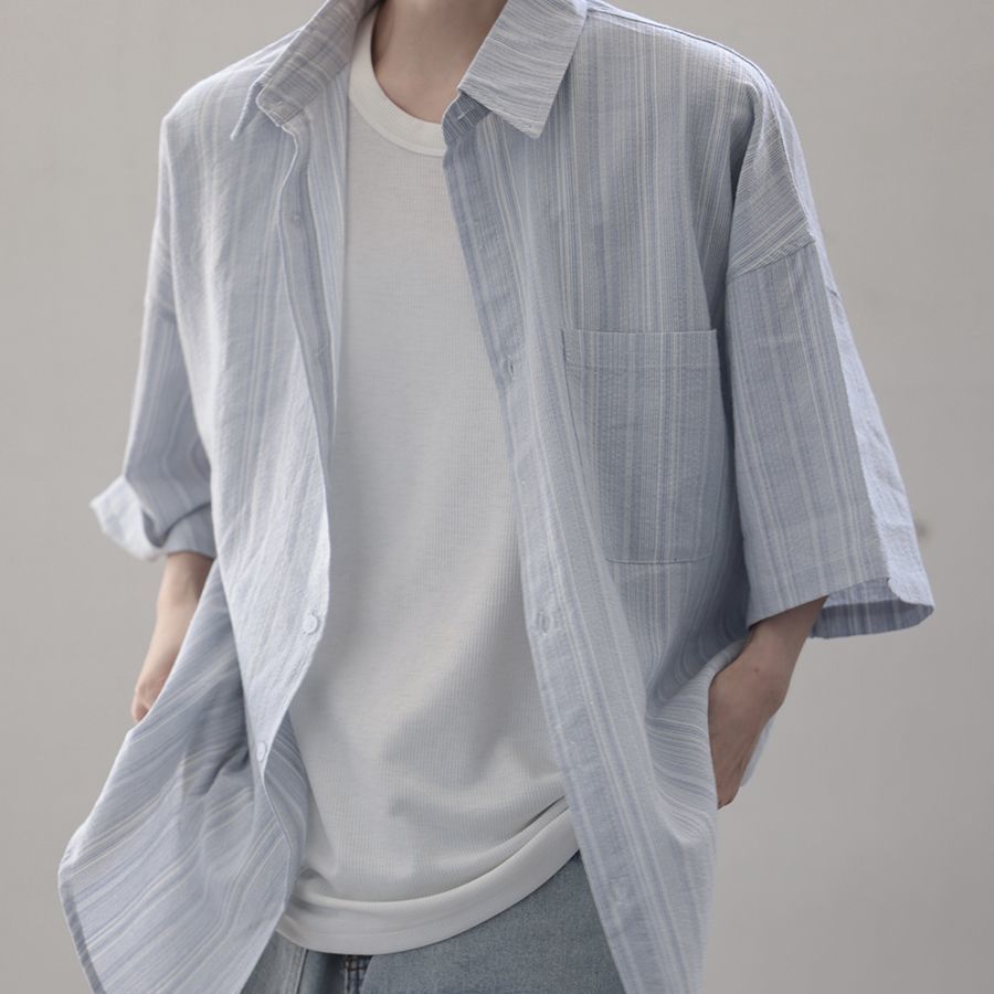 慵懶風輕薄飄逸氧氣感短袖襯衫男女日系廓形寬鬆肌理感夏季襯衣潮