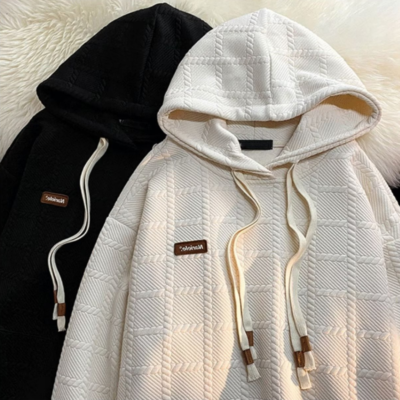 時尚素色帽衫方格雙帽繩重磅長袖連帽T