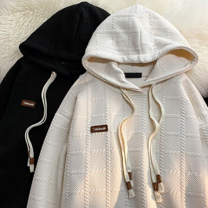 時尚素色帽衫方格雙帽繩重磅長袖連帽T