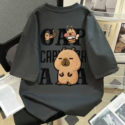 仿刺繡可愛小黃豚印花純棉短袖t恤