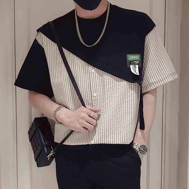 休閒潮流拼接薄款假兩件短袖t恤