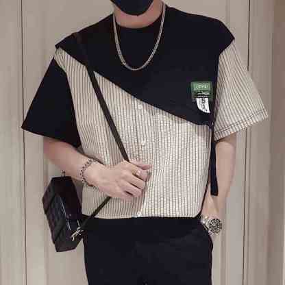 休閒潮流拼接薄款假兩件短袖t恤