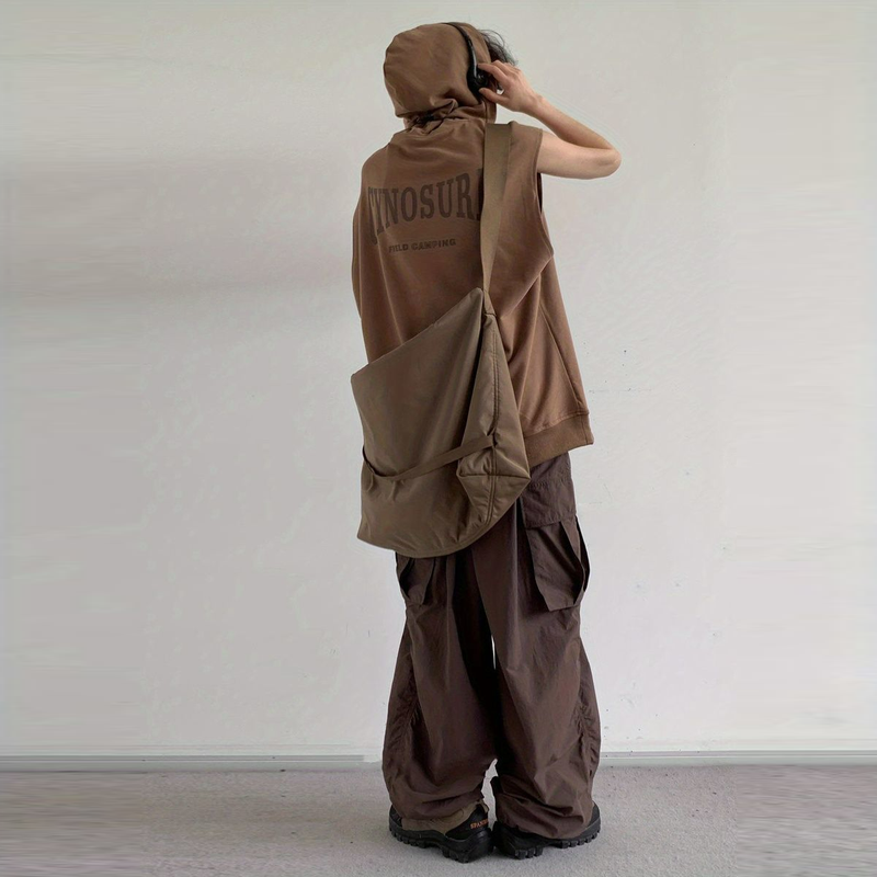 【單件/套裝】日系復古寬松運動連帽背心+咖色工裝褲兩件套