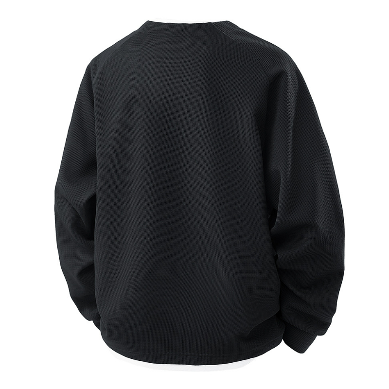 撞色假兩件V領華夫格休閒百搭長袖T恤