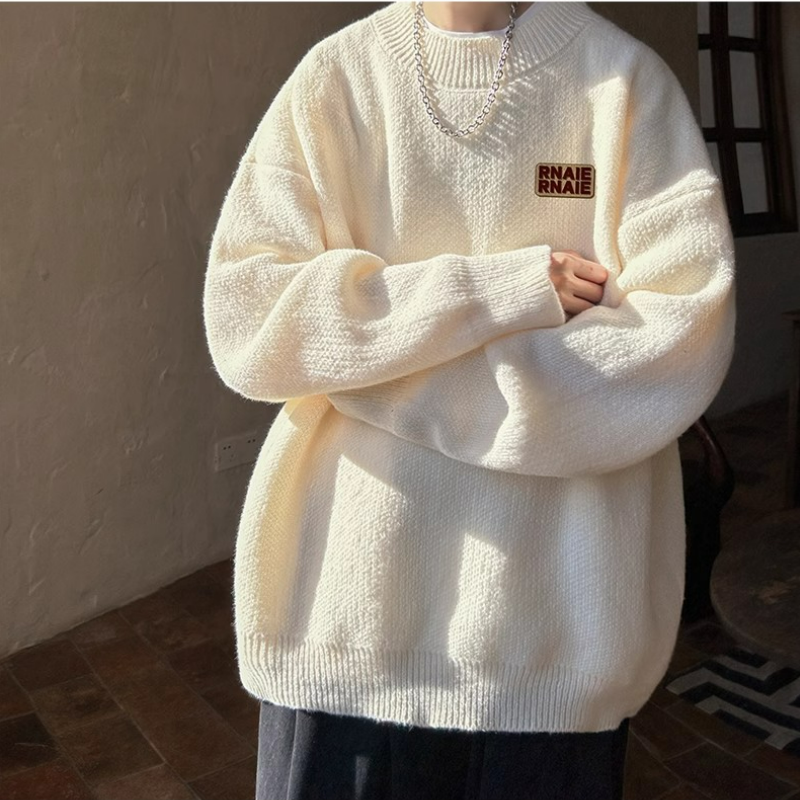 加厚慵懶風休閒寬鬆型素色長袖圓領針織毛衣