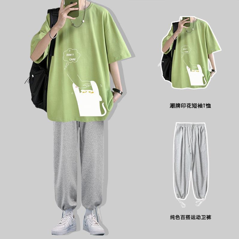 【單件/套裝】ins潮牌貓咪印花短袖t恤+運動束腳褲裝兩件套套裝