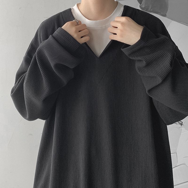 垂墜感潮流休閒假兩件港風日系長袖T恤