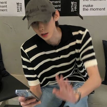 黑白條紋鏤空冰絲針織衫美式翻領polo衫短袖t恤