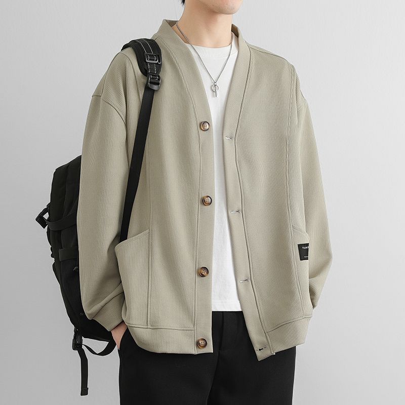 潮流素色簡約寬鬆休閒V領開衫外套