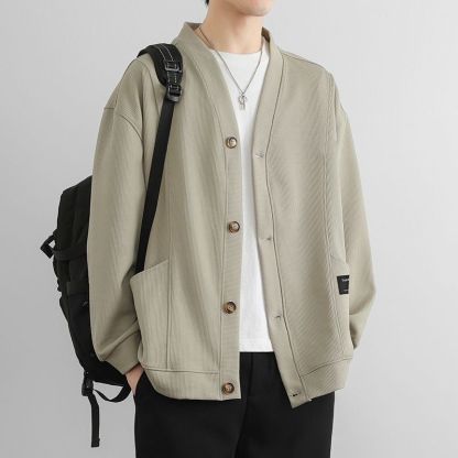 潮流素色簡約寬鬆休閒V領開衫外套