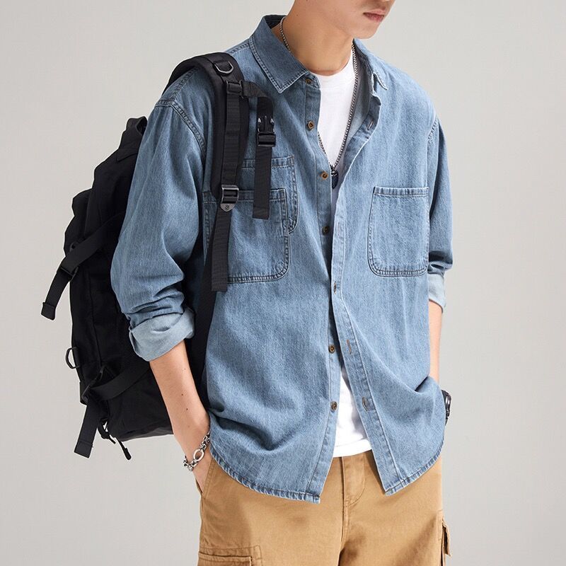 素色寬鬆休閒工裝潮牌痞帥襯衫牛仔外套