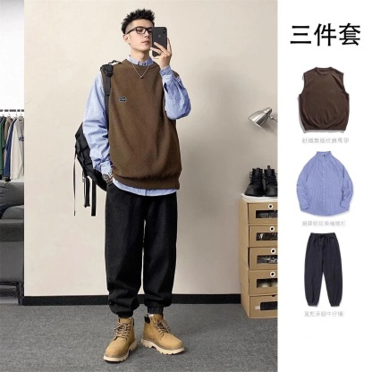 【單件/整套】日系復古針織馬甲+條紋襯衫+寬鬆牛仔褲三件套裝