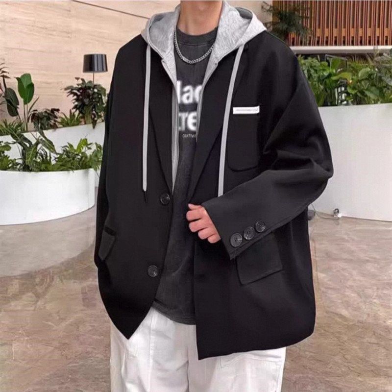 假兩件連帽港風寬鬆休閒高級帥氣西裝外套