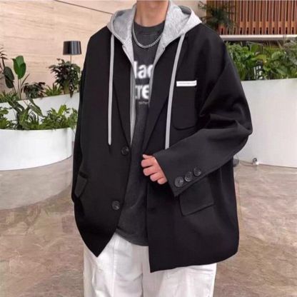 假兩件連帽港風寬鬆休閒高級帥氣西裝外套