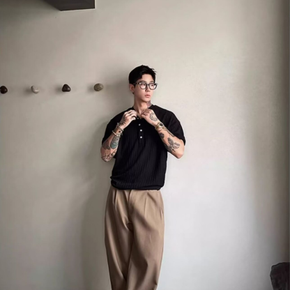 肌理褶皺軟糯感亨利領修身V領短袖t恤