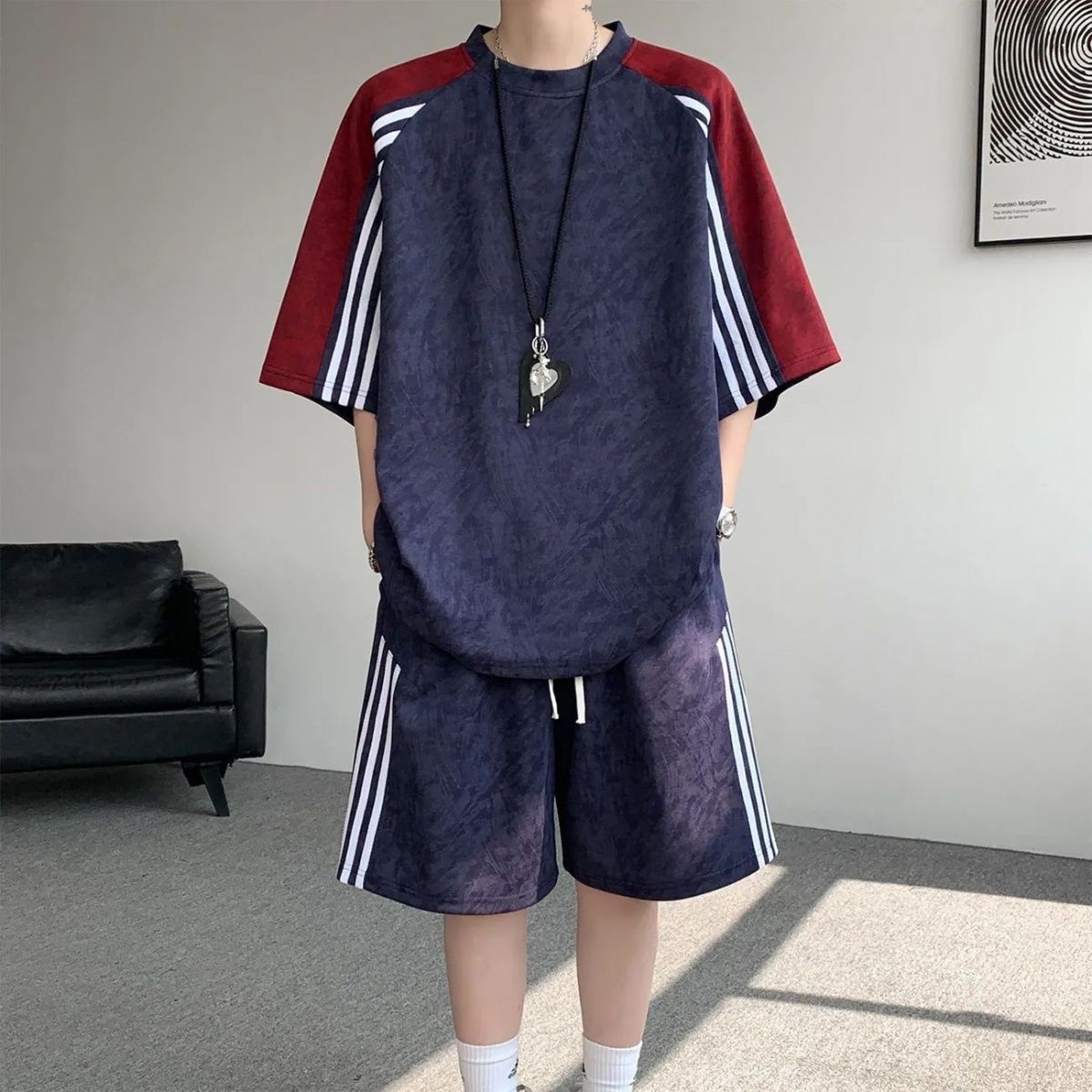 【整套】扎染條紋拼接撞色短袖短褲兩件套裝