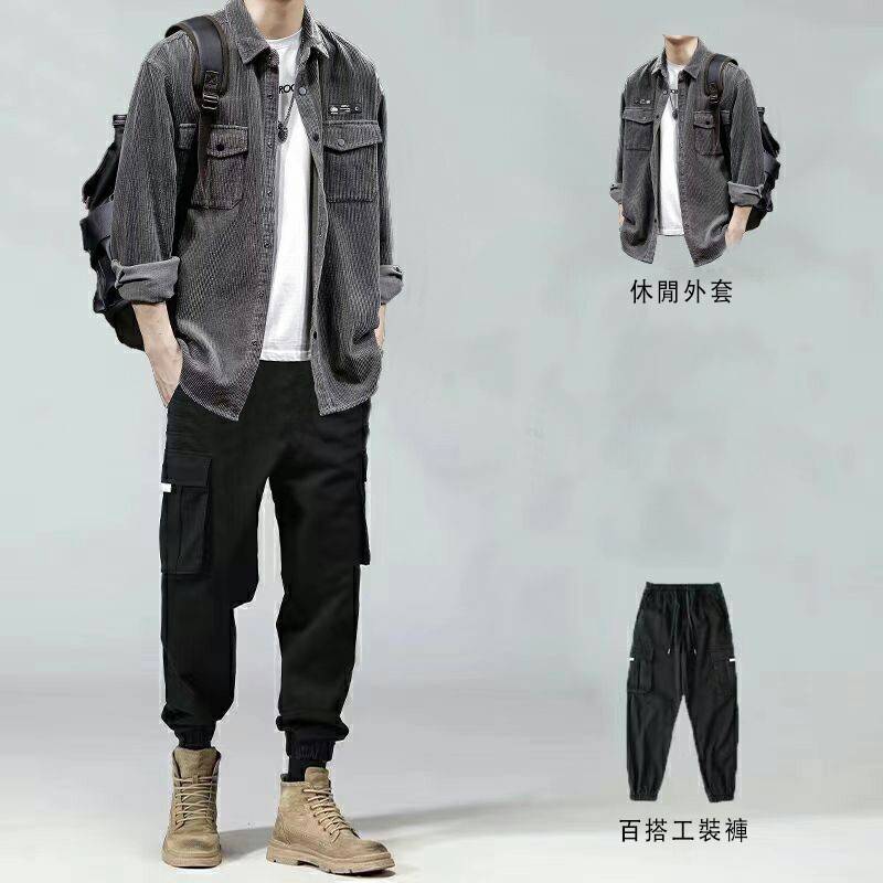 【單件/套裝】韓版潮流工裝潮襯衫+百搭T恤+帥氣搭配工裝褲裝三件套套裝