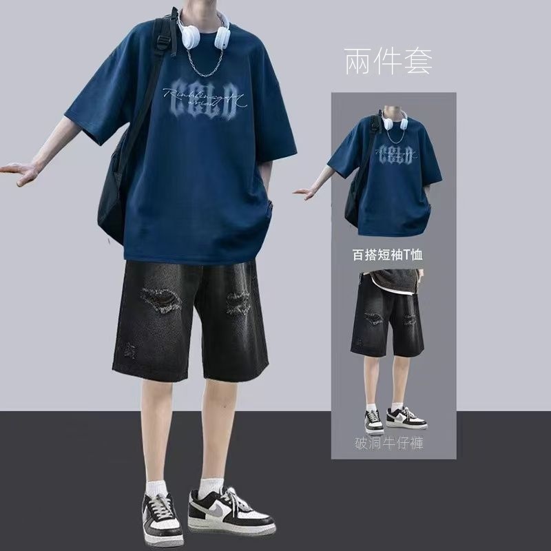 【單件/套裝】酷帥休閒短袖t恤牛仔短褲兩件套