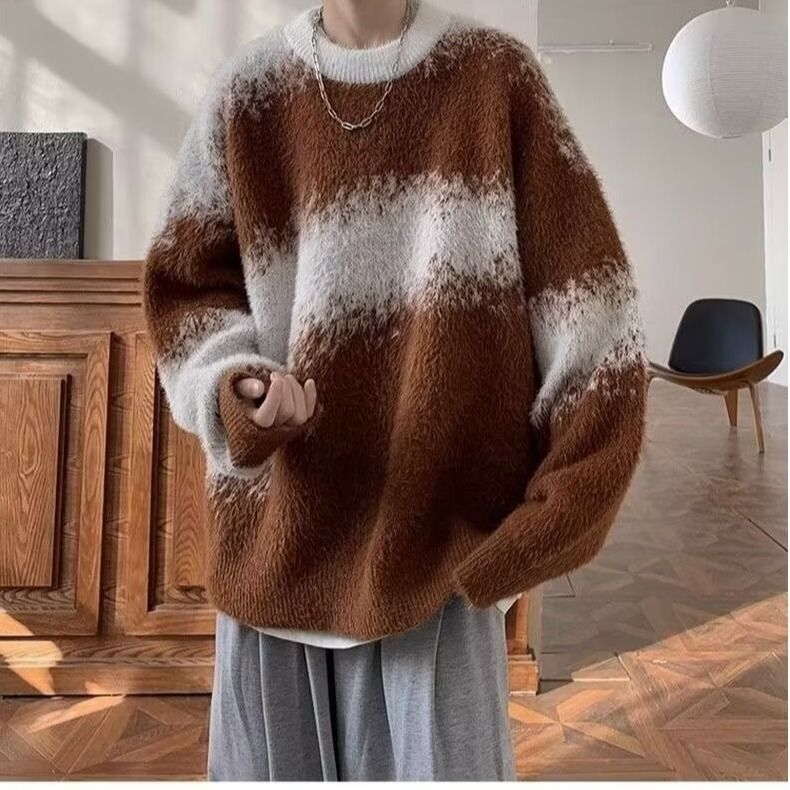 【單件/套裝】Oversize美式復古加厚撞色慵懶風針織毛衣+休閑牛仔褲兩件套