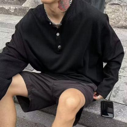 寬鬆休閒美式復古純色打底衫紐扣套頭長袖t恤