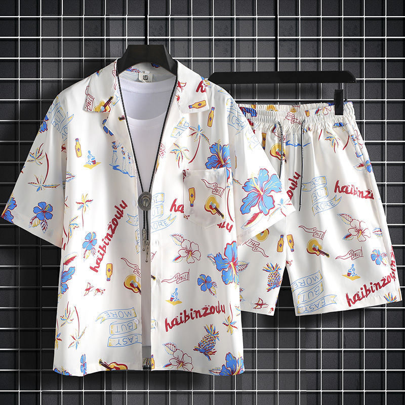 冰絲短褲一整套男夏季薄款寬鬆短袖碎花襯衫夏威夷情侶沙灘服套裝