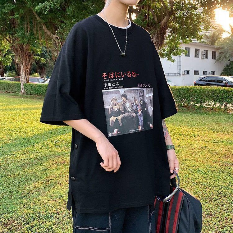 港風潮流寬鬆大碼印花百搭排扣短袖t恤