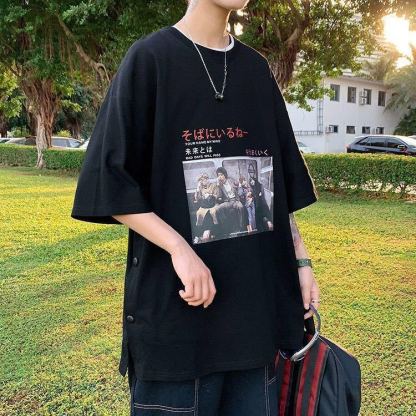 港風潮流寬鬆大碼印花百搭排扣短袖t恤