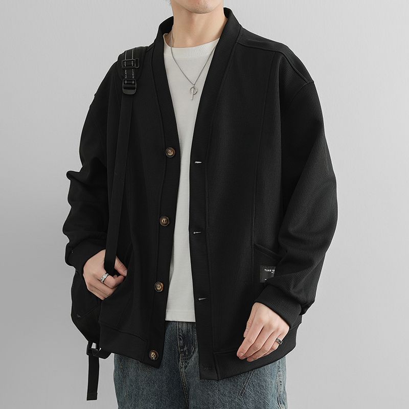 潮流素色簡約寬鬆休閒V領開衫外套