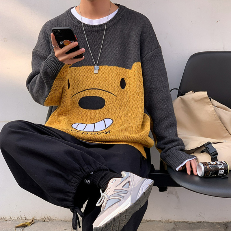 春秋韓版潮流情侶裝長袖休閒小熊針織毛衣