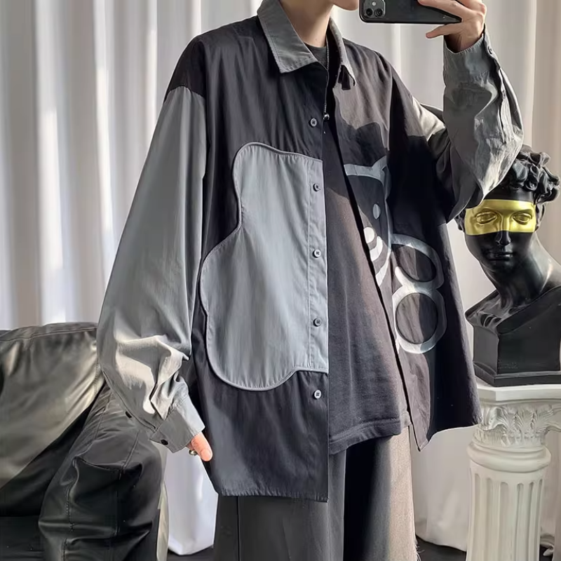 設計感小眾寬鬆bf風長袖趣味小熊拼接襯衫-NitSoon