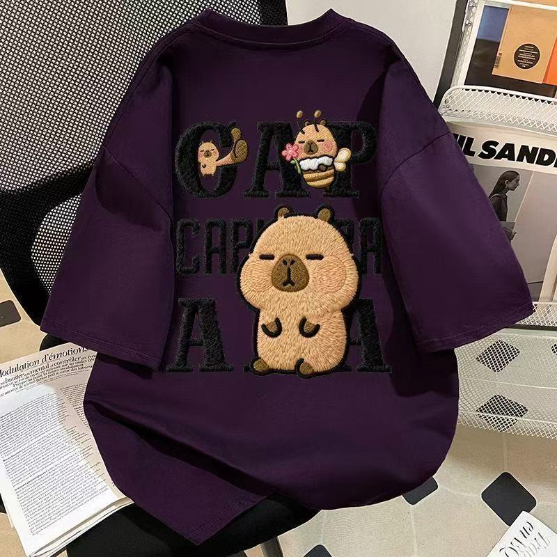 仿刺繡可愛小黃豚印花純棉短袖t恤