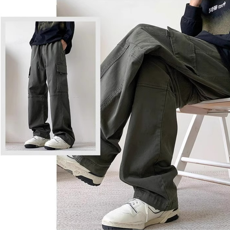 美式大碼寬鬆直筒潮流休閒褶皺闊腿工裝褲