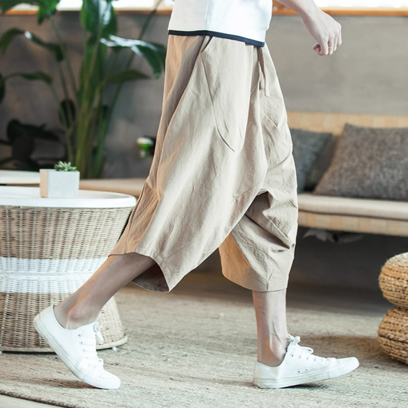 寬鬆薄款休閒亞麻潮流沙灘棉麻七分哈倫褲