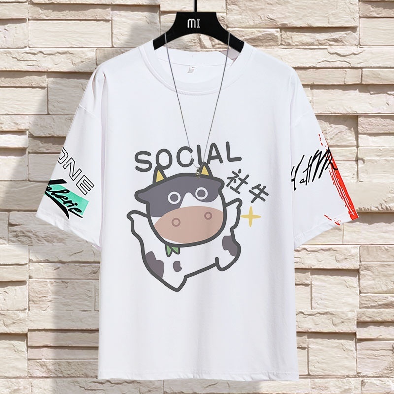 男女同款百搭潮流卡通ins情侶寬鬆五分袖T恤上衣