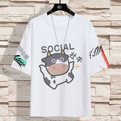 男女同款百搭潮流卡通ins情侶寬鬆五分袖T恤上衣