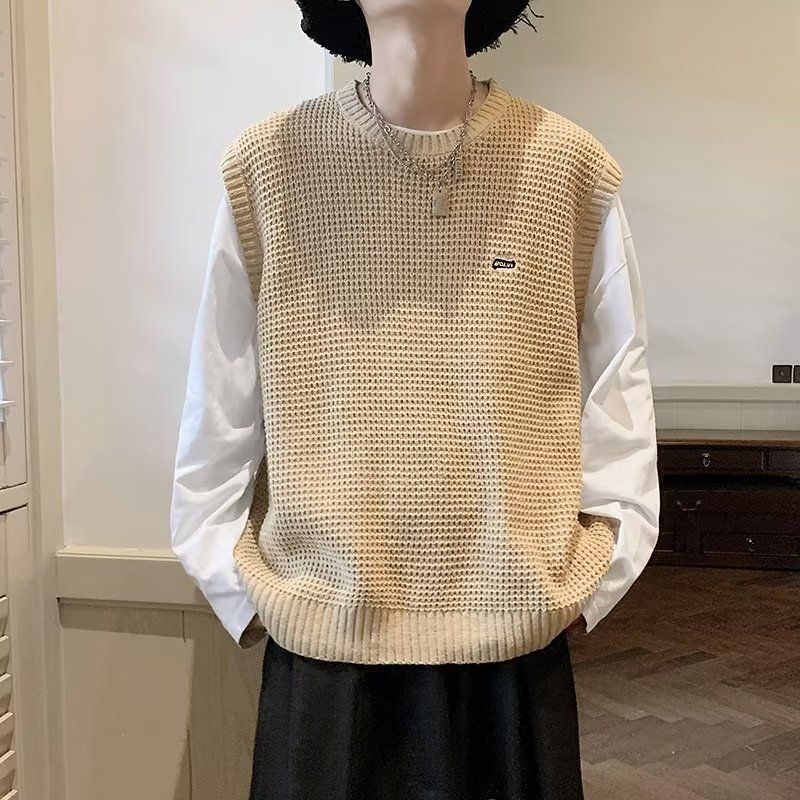 【單件/整套】日系復古針織馬甲+條紋襯衫+寬鬆牛仔褲三件套裝