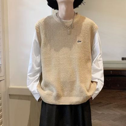 【單件/整套】日系復古針織馬甲+條紋襯衫+寬鬆牛仔褲三件套裝