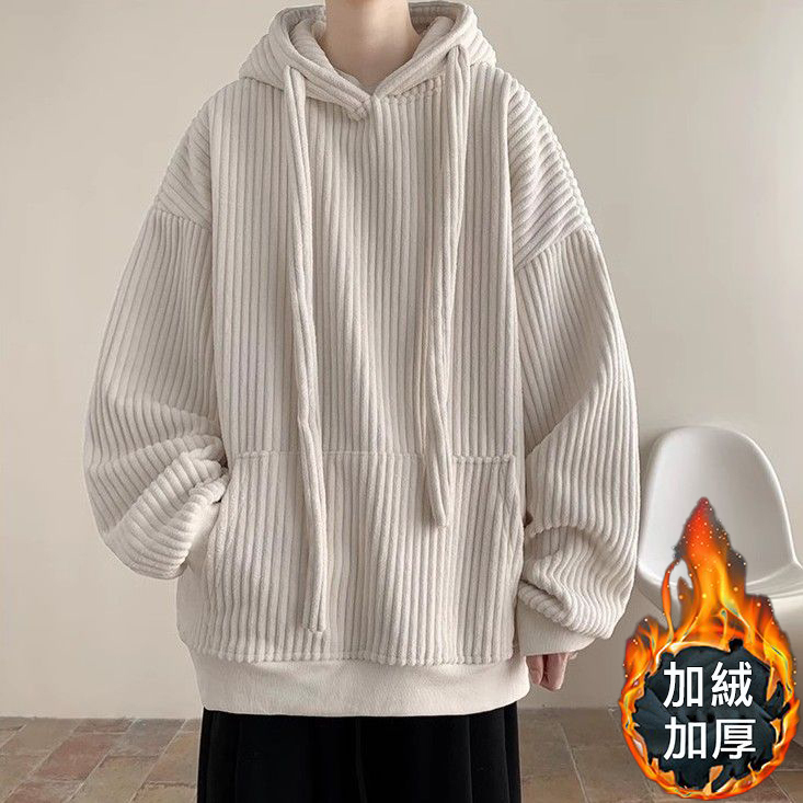 抽繩燈芯絨連帽加絨加厚潮牌衛衣