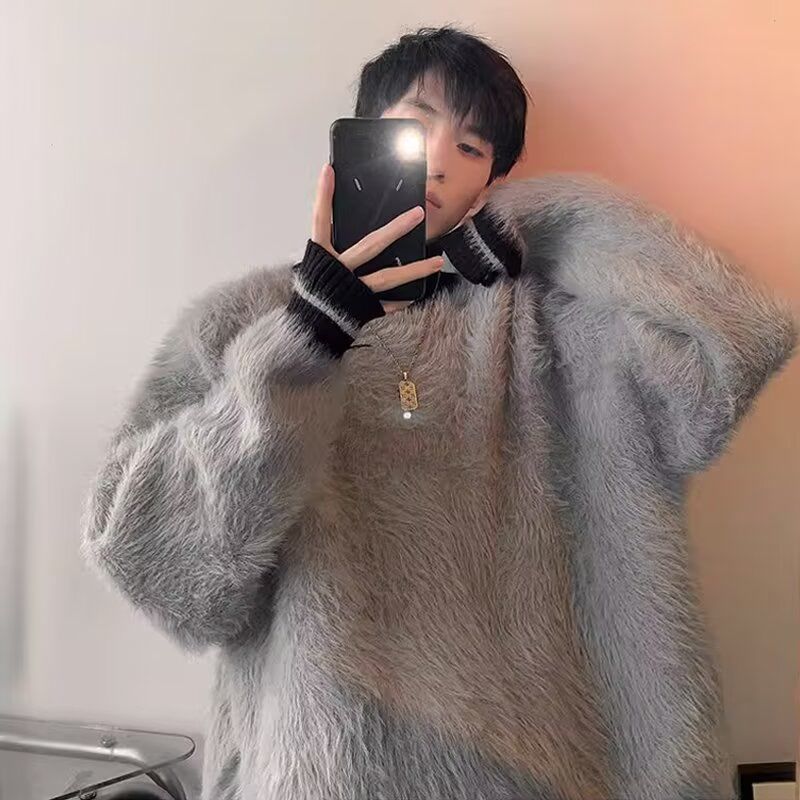 半高領加厚仿馬海毛慵懶風條紋針織毛衣